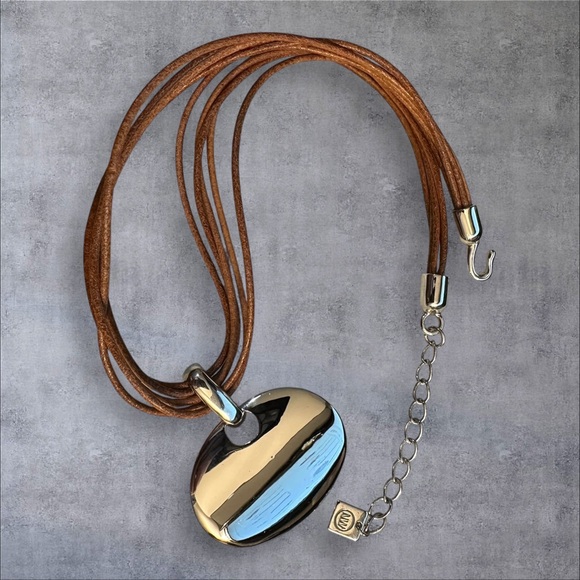 Nine West Gold Oval Pendant Necklace with Brown Cord - Picture 4 of 4